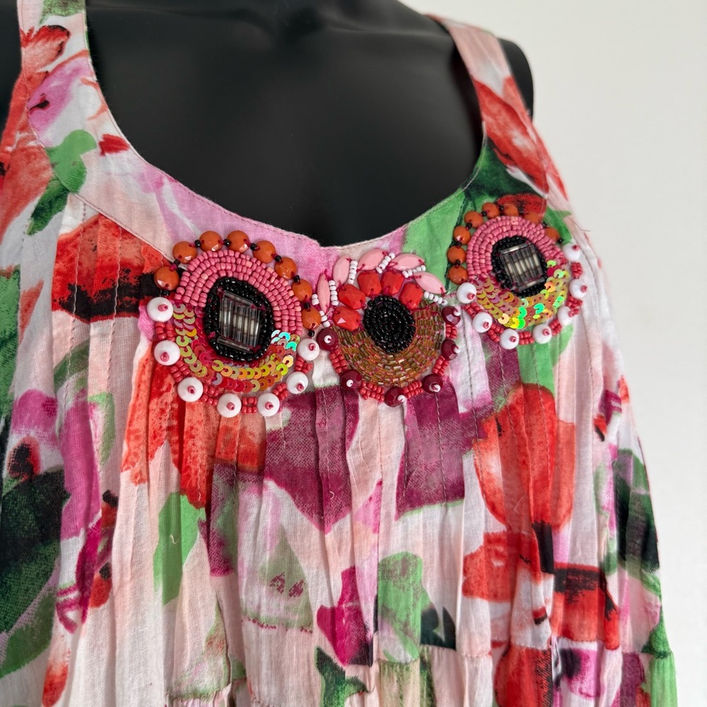 Embellished Floral Tiered Mini Dress - Pink & Green - Picture 12 of 14